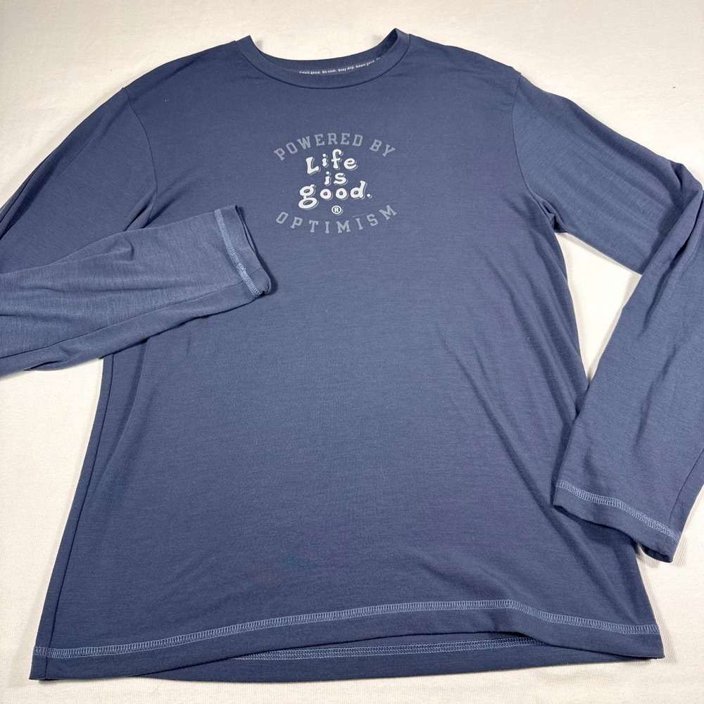 Life is Good Long Sleeve Graphic Tee Medium Blue Powered By Optimism Slim Fit